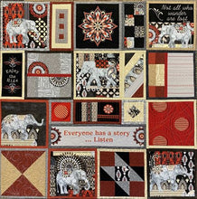 Load image into Gallery viewer, Patchwork quilt with various patterns and text, featuring elephants and decorative elements.