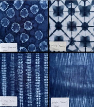 Load image into Gallery viewer, Four different patterns of blue and white fabric swatches.