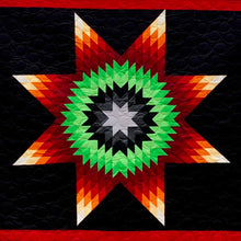 Load image into Gallery viewer, Red, orange, green and grey Lakota star quilt
