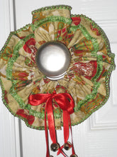 Load image into Gallery viewer, wreath made of fabric with a bell hanging from the bottom to go around a door knob.
