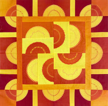 Load image into Gallery viewer, Quilt block using red, yellow, and orange patterns
