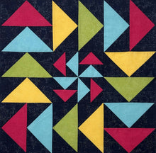 Load image into Gallery viewer, Pattern of colorful triangles on a dark blue background
