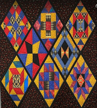 Load image into Gallery viewer, Colorful geometric quilt with diamond patterns on a dark background
