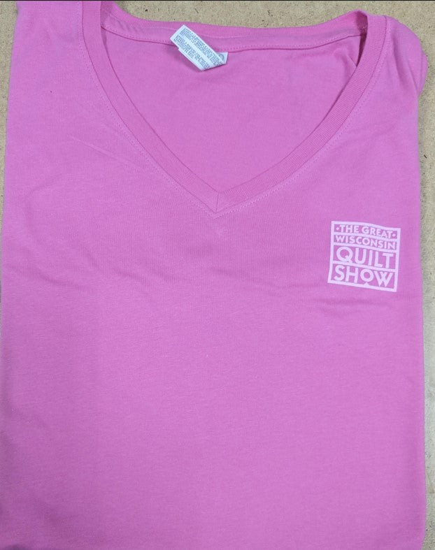 V-Neck T-Shirt (pink shirt with light pink logo)