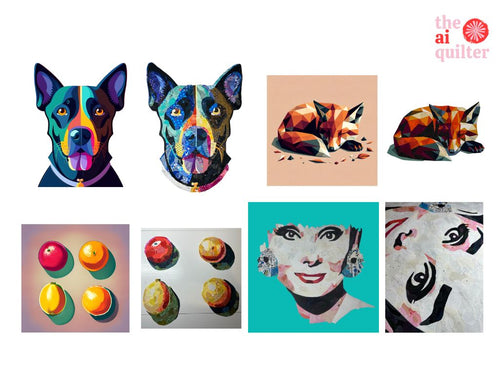 AI pictures of a dog, fox, fruit and Audrey Hepburn next too quilted versions of each picture.