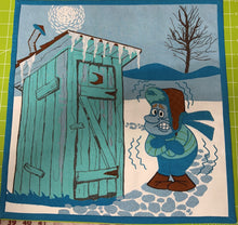 Load image into Gallery viewer, Quilt with frozen man waiting outside outhouse
