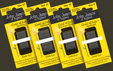 Load image into Gallery viewer, Packaging of John James of England Gold 'n' Glide needles in various sizes on a dark background.
