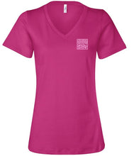 Load image into Gallery viewer, V-Neck T-Shirt (berry shirt with light pink logo)
