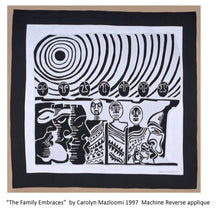 Load image into Gallery viewer, Artistic depiction of 'The Family Embraces' by Carolyn Mazloomi with black and white design on a beige background.
