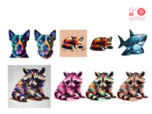 Load image into Gallery viewer, AI versions of dog, fox, shark, and raccoon next to quilted versions of each animal. 
